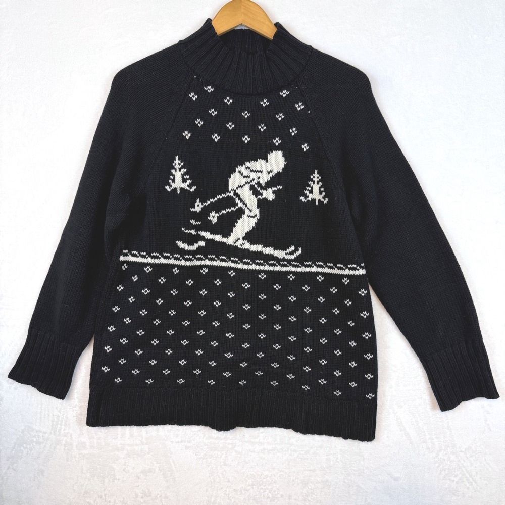 Chaps Ski Downhill Sweater Black White Fair Isle Graphic Knit Mock Neck Womens L